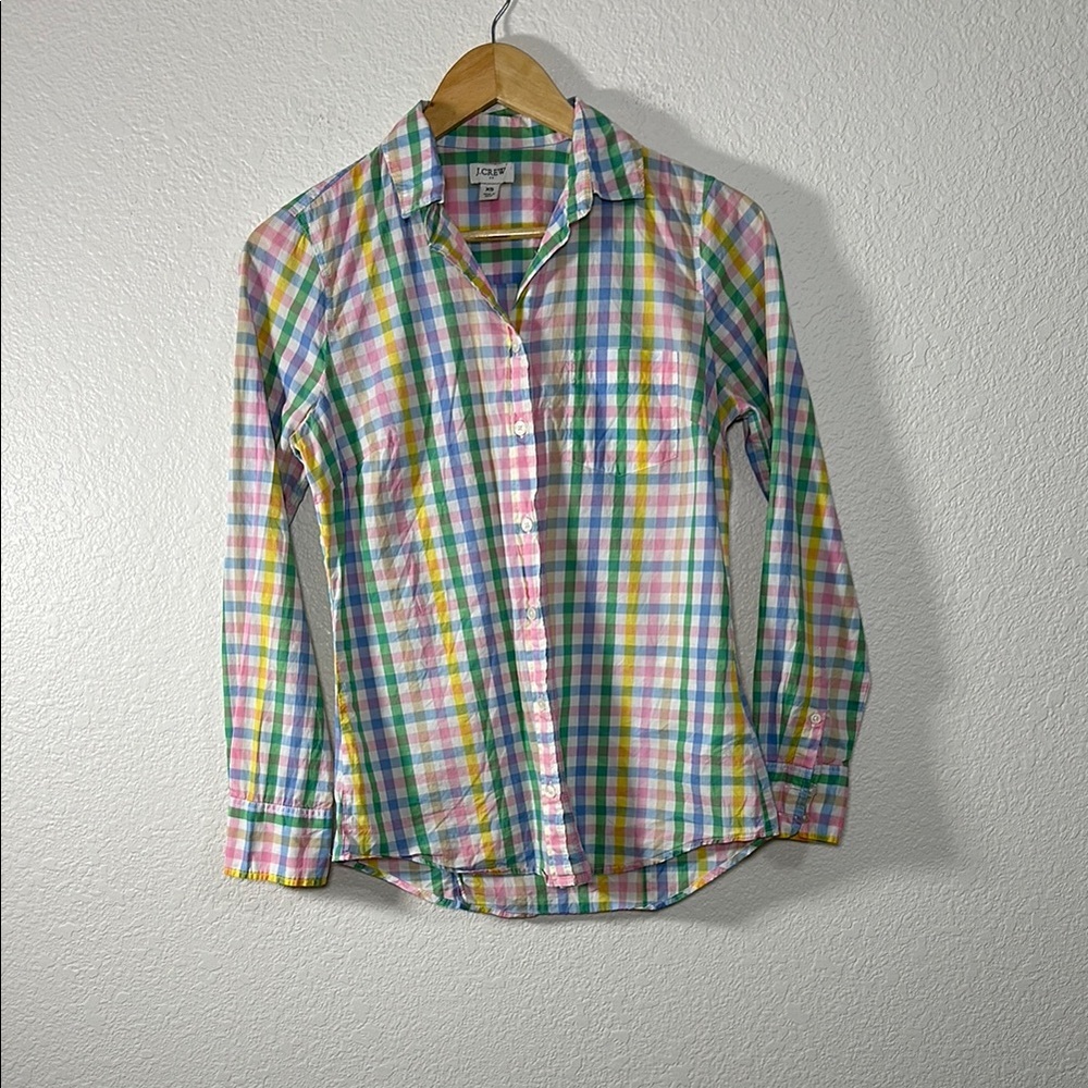 J. Crew Multicolor Plaid Button Down Shirt gingham Easter spring check XS cotton